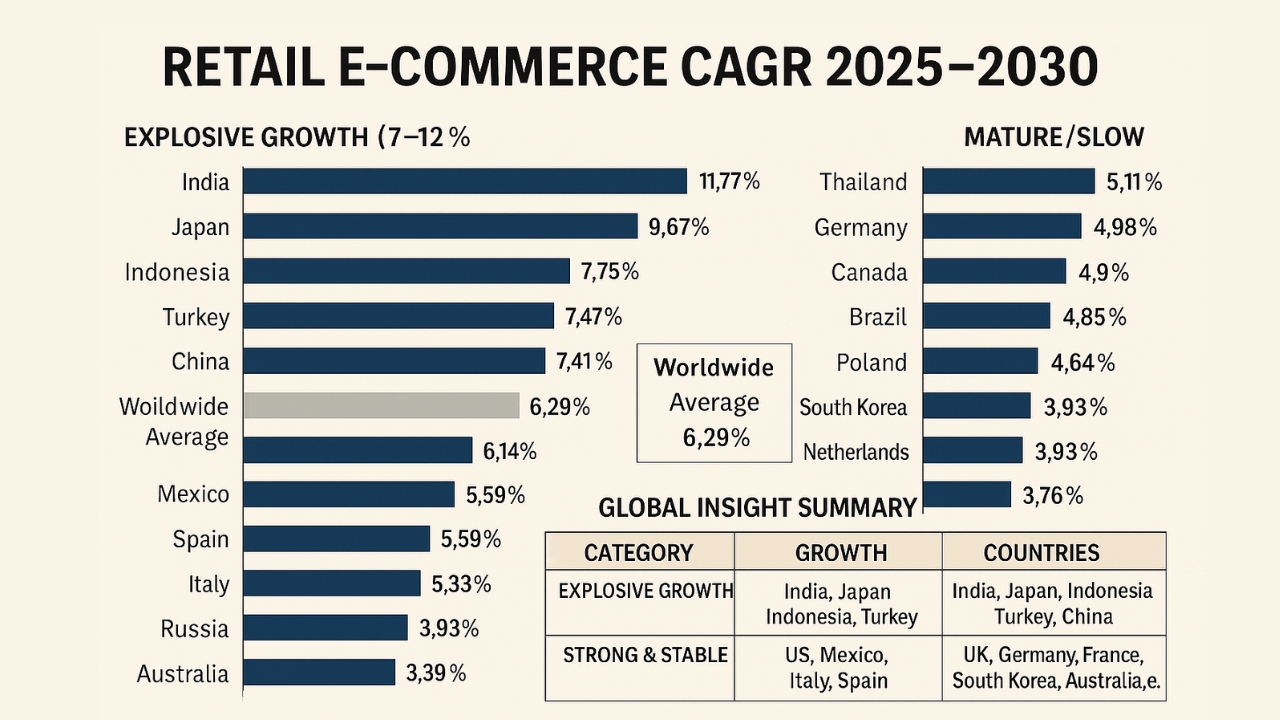 Retail e-commerce sales CAGR from 2025 to 2030 by country